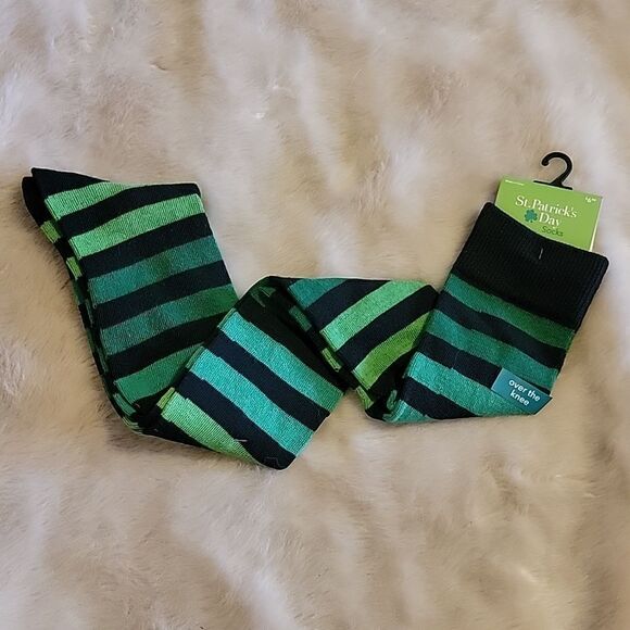 ST. PATRICK'S DAY OVER-THE-KNEE GREEN AND BLACK STRIPED SOCKS - NEW WITH TAGS! - Picture 1 of 8